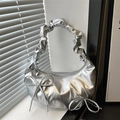 Silver crescent shoulder bag with pleated handles and bow details for women - Silver