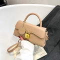 Vintage beige crossbody square bag with golden lock and fashion leather tag detail - Khaki