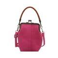 Magenta canvas crossbody bag with retro doctor bag frame and brown leather handle - Rose Red
