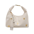 Chic beige half-moon handbag with gold cat-paw hardware and pearl lace bow charm - White With Pendant