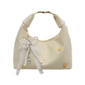 Creamy white shoulder bag with pearl lace bow charm and golden cartoon metal accents - Yellow with Pendant
