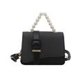Retro grey tweed mini square bag with luxury pearl handle and black leather trim - Black