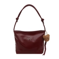 Deep burgundy leather bucket tote bag with silver bow and plush bear charm - Red