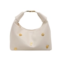 Chic beige hobo shoulder bag featuring gold poodle and bone metal charms on smooth faux leather - White Without Pendant