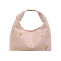 Pink crescent handbag with golden animal charms and knotted handle on white background - Pink Without Pendant
