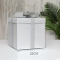 25cm quadratische silberne Weihnachtsgeschenkbox mit Glitzereffekt und festlicher Schleife - Groß / Silber