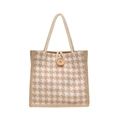 Classic houndstooth canvas tote bag with woven handles and decorative wooden button detail - Khaki