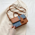 Chic patchwork handbag in brown leather and blue denim with adjustable strap - Brown