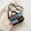 Fashion patchwork crossbody bag in dark brown leather and blue denim with handle - Brown