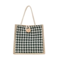 Dark green houndstooth canvas tote bag with wooden button and rope handle design - Green