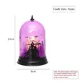 Purple Halloween glass pumpkin lantern with castle silhouette and LED candle, 14cm height - Candle Style / Purple