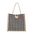 Houndstooth pattern tote bag with cream rope handles and vintage wood button closure - Black