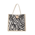 Zebra print tote bag with natural jute edges, rope handles, and decorative wooden button - Zebra Print