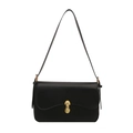Minimalist black leather shoulder bag with vintage gold metal oval buckle and smooth finish - Black