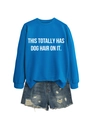 Detail of royal blue sweatshirt with white text and distressed denim shorts set - Lake Blue (White Font)