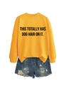 Flat lay of yellow sweatshirt with dog hair slogan and distressed denim shorts - Yellow (Black Font)