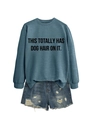 Detail of grey-blue crewneck sweatshirt with 'THIS TOTALLY HAS DOG HAIR ON IT' text - Blue (Black Font)