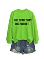 Flat lay detail of neon green crewneck sweatshirt with black printed slogan and denim shorts - Fluorescent Green (Black Font)