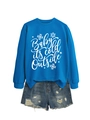 Detail showing 'Baby it's cold outside' print on blue long sleeve fleece sweatshirt - Lake Blue (White Font)