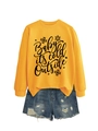 Flat lay of yellow 'Baby it's cold outside' sweatshirt with distressed denim shorts - Yellow (Black Font)