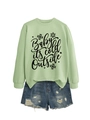 Close-up of mint green sweatshirt with Baby It’s Cold Outside print and denim shorts - Olive Green (Black Font)