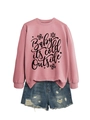 Detailed view of pink sweatshirt with Baby it's cold outside text and denim shorts - Rose Gold (Black Font)