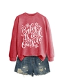 Detail view of red holiday sweatshirt with snowflake print and distressed denim shorts - Red (White Font)