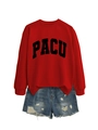 Detailansicht des roten PACU-Sweatshirts und blauen Denim-Shorts mit Buchstaben-Print - S / Rot (Schwarze Schrift)