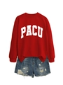 Flachliegendes rotes PACU Sweatshirt und Used-Look Jeansshorts auf weißem Hintergrund - S / Leuchtendes Rot (Weiße Schrift)