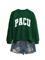 Detail of dark green PACU crewneck sweatshirt and blue ripped denim shorts outfit set - S / Dark Green (White Font)