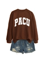 Detail of dark brown PACU crewneck sweatshirt and distressed blue denim shorts - S / Coffee (White Font)
