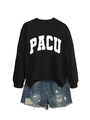 Close-up of black PACU letter sweatshirt paired with distressed blue denim shorts - S / Black (White Font)