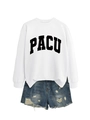 Flat lay of a white crew neck PACU letter sweatshirt paired with distressed blue denim shorts - S / White (Black Font)