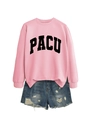 Flat lay of pink PACU letter sweatshirt paired with distressed blue denim shorts - S / Pink (Black Print)