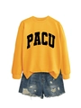Detail of yellow round neck sweatshirt with PACU print and distressed denim shorts - S / Yellow (Black Font)