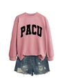 Detail of pink crewneck sweatshirt with black PACU print and distressed denim shorts - S / Rose Gold (Black Font)