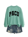 Detail of mint green sweatshirt with PACU print and distressed denim shorts with fringe - S / Light Green (Black Text)