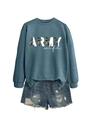 Sweat Army Wife bleu sarcelle avec texte camouflage et short en jean vieilli - Bleu (Graphismes Blancs)