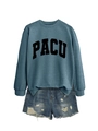 Detail of PACU crewneck sweatshirt fabric and distressed denim shorts with frayed edges - S / Blue (Black Font)