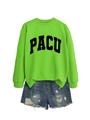 Detail of green PACU sweatshirt with collegiate lettering and distressed denim shorts - S / Neon Green (Black Font)