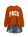 Detail of PACU letter print on caramel long sleeve sweatshirt and distressed denim shorts - S / Burnt Orange (Black Font)