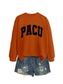 Detailed flat lay of casual round neck sweatshirt with PACU print and distressed denim shorts - S / Burnt Orange (White Font)