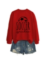 Flat lay of a red long-sleeve soccer grandma sweatshirt with distressed denim shorts - S / Red (Black Print)