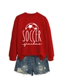 Close-up of Soccer Grandma graphic print on red long sleeve sweatshirt with denim shorts - S / Red (White Print)