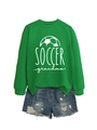 Detail of green Soccer Grandma sweatshirt paired with distressed denim shorts on white background - S / Grass Green (White Print)