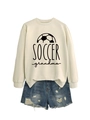 Flat lay of soccer grandma sweatshirt set with distressed denim shorts on white background - S / Sand (Black Print)