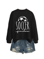 Flat lay of soccer grandma print sweatshirt paired with blue distressed denim shorts - S / Black (White Print)