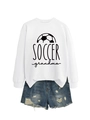 Flat lay of a white Soccer Grandma sweatshirt with distressed blue denim shorts set - S / White (Black Print)