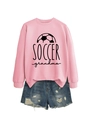 Detail view of pink Soccer Grandma sweatshirt with distressed denim shorts - S / Pink (Black Print)