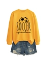 Close-up of Soccer Grandma graphic print on yellow sweatshirt with distressed denim shorts - S / Yellow (Black Print)